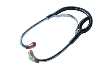Medical stethoscope, black and gray, angled view