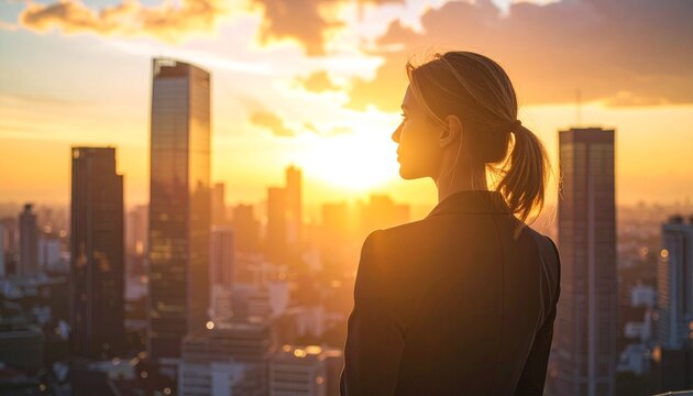 A confident businesswoman stands overlooking a bustling city at sunset, contemplating her career and future success
