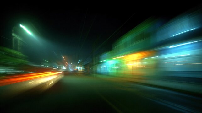 a blurry image of a city street at night with colorful lights