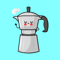 A cheerful cartoon coffee maker with a smiling face and steam rising.