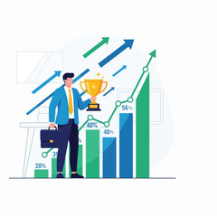 Professional success concept, person holding trophy and briefcase near growth chart and arrows, business achievement, corporate goal, office progress, vector illustration of workspace.