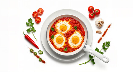 Shakshuka with poached eggs in a pan, eggs in spicy tomato sauce, Middle Eastern breakfast shakshuka dish isolated on a white background, top view of homemade shakshuka.