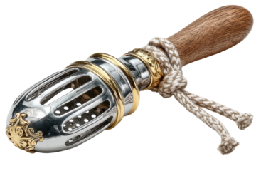 Closeup of an ornate fragrance diffuser with silver gold wood and rope details on transparent background