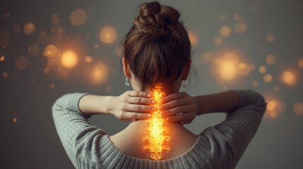 Woman with neck pain highlighted by glowing effects. Suitable for medical or wellness blogs, articles, and presentations on neck pain relief.