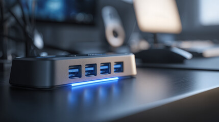 Sleek USB hub with multiple ports connected to various devices, showcasing modern design and functionality in a tech-focused setup.