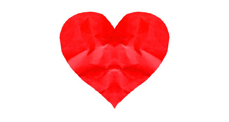 Red heart symbol with crumpled paper texture isolated on transparent background.