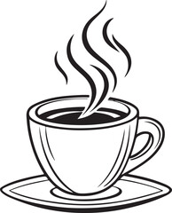 Coffee Cup Vector Illustration – Hot Drink with Steam, Coffee Beans and Saucer – Black and White Line Art Design
