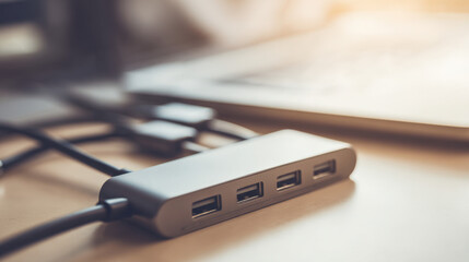 Sleek USB hub with multiple ports connected to various devices, showcasing modern design and functionality in a tech-focused setup.