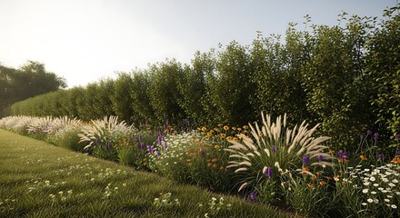 Serene Green Garden Landscape with Lush Plants.