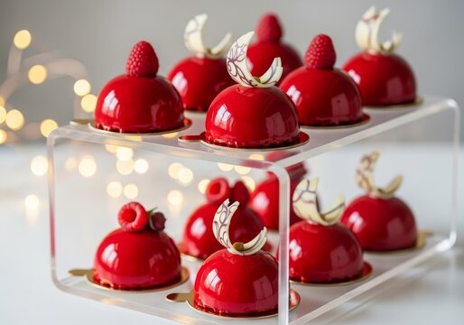 Nine glossy red dome cakes some with raspberries others with white chocolate curls displayed on a clear tiered stand with bokeh lights in the background