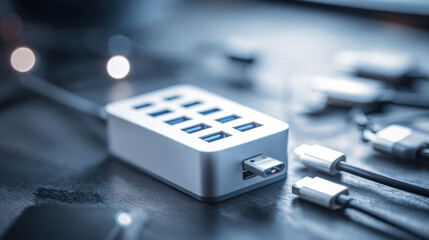 Sleek USB hub with multiple ports connected to various devices, showcasing modern design and functionality in a tech-focused setup.