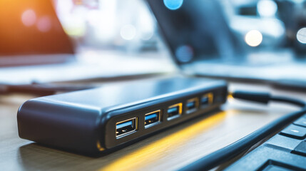 Sleek USB hub with multiple ports connected to various devices, showcasing modern design and functionality in a tech-focused setup.