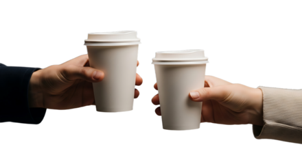 Close-up studio shot against a white background of two hands offering each other disposable coffee cups.