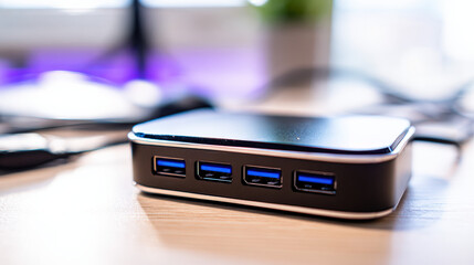 Sleek USB hub with multiple ports connected to various devices, showcasing modern design and functionality in a tech-focused setup.