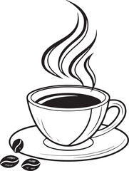 Coffee Cup Vector Illustration – Hot Drink with Steam, Coffee Beans and Saucer – Black and White Line Art Design