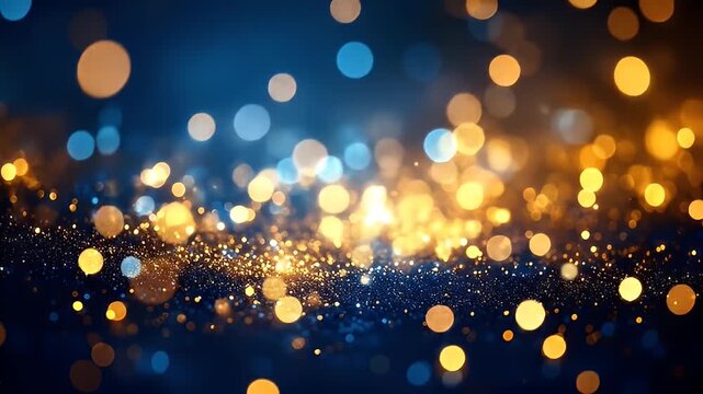 Blurred abstract backdrop of golden and blue bokeh lights against a dark blue background