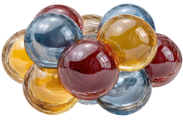 Cluster of decorative glass spheres in shades of red gold and blue colors on transparent background