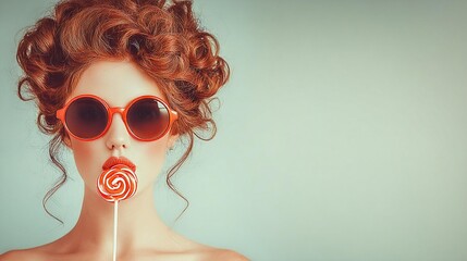 a woman with curly red hair wearing orange sunglasses and a candy lollipop