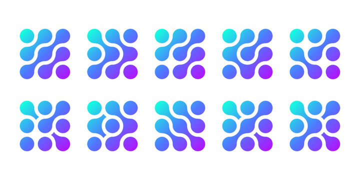 Atom dots connected in molecule structure pattern. Abstract circle shapes, collagen liquid drops. Medical tech metaball cells. Wavy merge fluid arrow, laboratory symbol. Dividing blob circuit cross