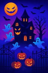 Spooky haunted house illustration in Halloween style with eerie atmosphere with ghosts, pumpkins and moon, perfect for seasonal design