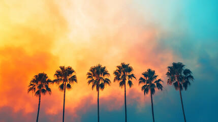 Obraz premium Silhouettes of palm trees against a vibrant sunset sky, with hues of orange, pink, and blue blending together for a serene tropical scene.