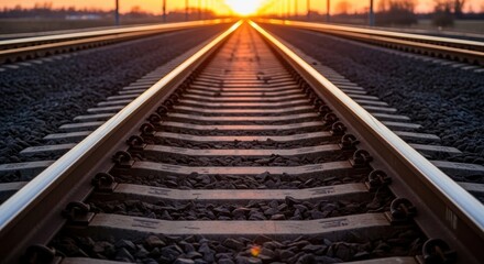 Tranquil Railway Vista Guiding Toward a Distant Sunrise Glow Horizon