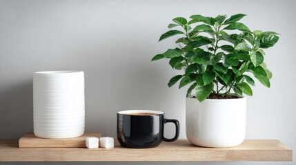 A white potted plant with lush green leaves sits on a wooden shelf next to a plain white cylinder and a black mug filled with coffee. Two sugar cubes are placed near the plant.