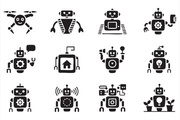 Automation technology robot icons black vector design