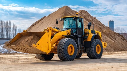Obraz premium Heavy-duty yellow construction loader moving large piles of dirt and gravel on site