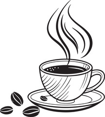 Coffee Cup Vector Illustration – Hot Drink with Steam, Coffee Beans and Saucer – Black and White Line Art Design