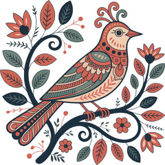 Obraz premium Folk Art Bird Perched on a Branch with Flowers and Leaves illustration nature