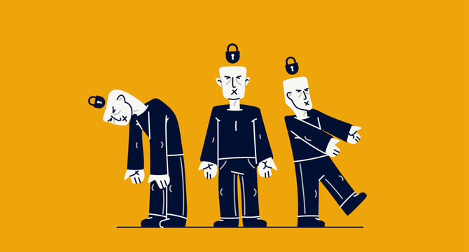 Social zombies vector concept, matrix and mind control, psychological dictatorship and totalitarian society and state, tyranny and restrictions, killing individuality.