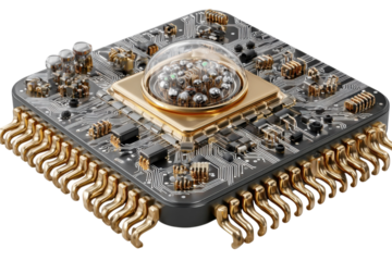 Detailed view of a modern computer processor with intricate circuit board design on transparent background