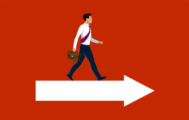 Obraz premium Business man going ahead to his goal with shown direction, vector illustration of a young man business dressed walking straight towards to his aim with hint, career concept.