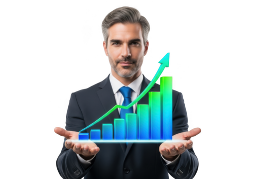 Distinguished businessman presents growing financial chart innovation isolated on transparent background