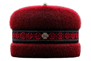 Elegant red fur hat with ornate band and cross detail on transparent background