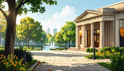 Obraz premium Scenic city street with a beautiful fountain as a centerpiece enhancing the urban environment and community space