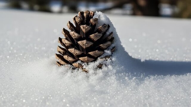 Pine cone rests partially buried in crisp white snow on a sunny winter day