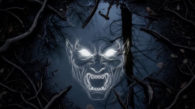 Eerie reflection of a monster face in dark, murky water surrounded by gnarled branches