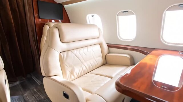 Private Jet Interior: Luxury Leather Seats and Wooden Table