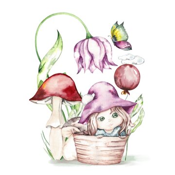 watercolor children's illustration fairy with berries and fiowers