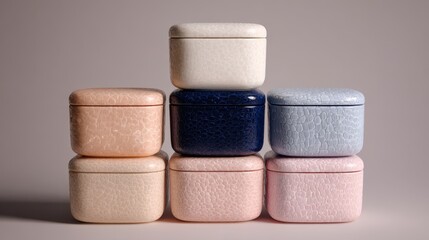Six square, lidded containers are stacked in two columns of three. The left column has a pale peach, white, and navy blue container. The right column has light blue, pink, and pale.