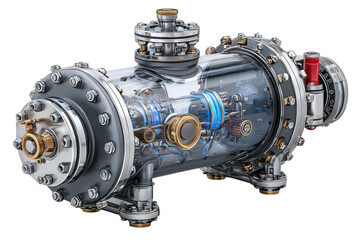 3D render of industrial gearbox and motor assembly with metal gears isolated on Transparent Background