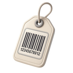 A beige 3d price tag with a barcode and numerical identifier. Ideal for illustrating retail, shopping, and inventory management concepts.