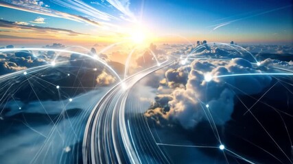Futuristic aerial connection concept with digital network overlay in scenic landscape - Powered by Adobe