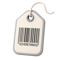 A cream colored price tag with a black barcode and numerical sequence, attached with a white string. Ideal for e commerce, sales, and retail design projects.