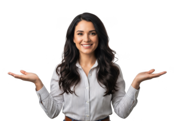 Smiling young woman confidently presents with open hands isolated on transparent background
