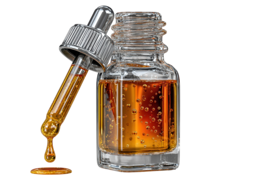 Glass bottle with a dropper containing golden liquid on transparent background