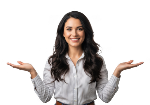 Smiling young woman confidently presents with open hands isolated on transparent background - Powered by Adobe
