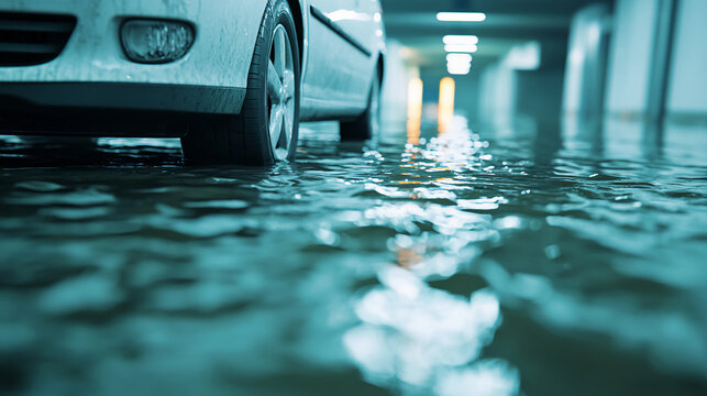 A flooded parking garage with a vehicle partially submerged in water, reflecting light from the overhead fixtures.